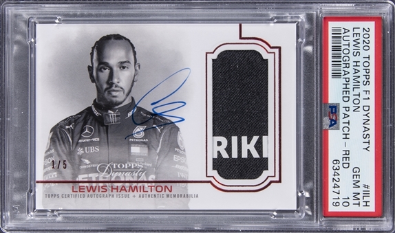 2020 Topps F1 Dynasty "Red Autographed Patch" #IILH Lewis Hamilton Signed Race Suit Patch Card (#1/5) - PSA GEM MT 10